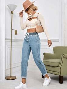 SHEIN Essnce Casual Washed Drawstring Waist Tapered Jeans Thickened Denim