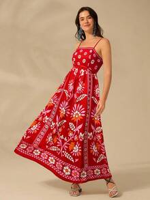 CAJUNI 女士度假细肩带露背 Selenipedium 和杜鹃花印花吊带背心休闲夏装，优雅大方 - 紅色 - 查看 6