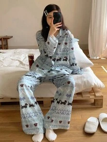DAZY 可爱小狗蝴蝶结印花女士睡衣套装，秋冬服装 - 藍色 - 查看 4