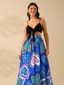 CAJUNI Váy dài họa tiết trái tim nhiều màu sắc cho nữ, váy dài họa tiết Boho, váy đen đi biển mùa hè giản dị ngày lễ - Màu xanh lam - Xem 3