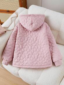SHEIN Casaco Acolchoado com Capuz Casual Versátil e Fofo para Meninas, Design Acolchoado Floral, Punhos Canelados Rosas, Adequado para Escola, Transporte, Passeio, Caminhada, Adequado para as Estações de Outono/Inverno, Pode Ser Combinado com Suéteres de Manga Longa e Calças - Rosa chiclete - Visão 2