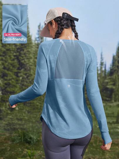 In My Nature Kaos Olahraga Wanita Musim Panas Warna Biru Pudar, Bahan Elastis Tinggi, Bernapas, Jaring Bertambal, Lubang Jempol Terbuka, Cocok untuk Yoga, Pilates, Kebugaran, Lari, dan Mendaki.