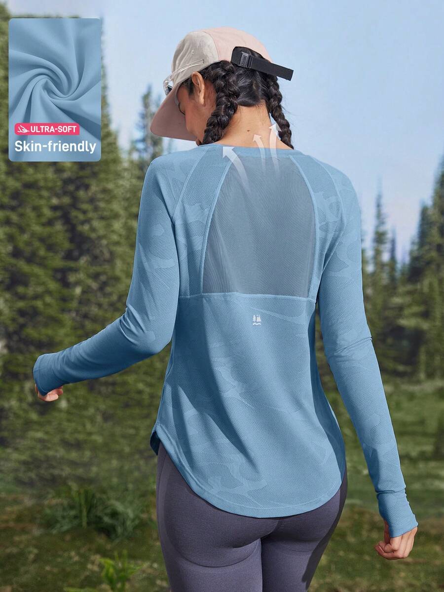 In My Nature 瑜伽普拉提运动健身跑步训练高弹力透气网眼拼接紫色开拇指孔夏季女式户外T恤徒步女装 - 藍色 - 查看 1