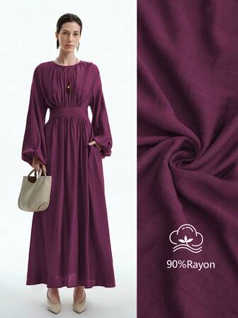 Aalyst Women's Elegant Minimalist High-End Casual Vacation Commute Comfortable Loose Solid Color Round Neck Waist A-Line Elastic Waist Long Sleeve Dress, Spring/Autumn/Winter