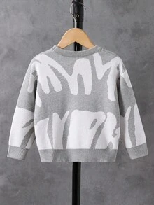 SHEIN Young Boy Fashionable Casual Cute Soft Simple Contrast Color Graphic Knit Long Sleeve Pullover Sweater, Suitable For Home, Daily Wear, School, Outerwear, Party, Autumn/Winter Kids Sweater Toddler Jumper Boy Kids Jumpers 8 Years Old Boy Knitwear White Grey Sweater Kids Fall Grey And White Sweater Childrens Knitwear - Light Grey - View 2