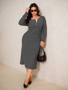 Elaquor Plus Size Casual Commuter Striped Bodycon Dress Long Sleeve Midi Dress Plus Size Casual Dress Long Sleeve Dresses Curvy Curve Casual Dress Plus Midi Dress - Black and White - View 1