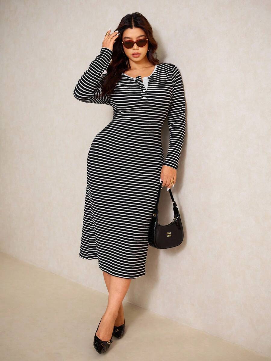 Elaquor Plus Size Casual Commuter Striped Bodycon Dress Long Sleeve Midi Dress Plus Size Casual Dress Long Sleeve Dresses Curvy Curve Casual Dress Plus Midi Dress - Black and White - View 1