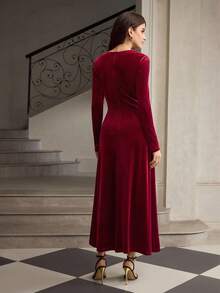 ZEYLAH 女士优雅装饰中长连衣裙 - 酒紅色 - 查看 3