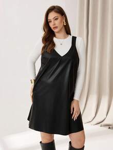 SHEIN Essnce Plus Size Black PU Dress, Women's Fall Halloween Costume, Elegant Summer Black And White Fashion Casual Business Suspender Curve Dress - Black - View 7