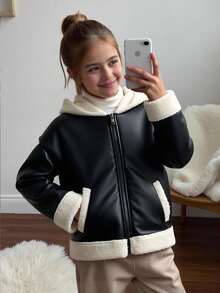 SHEIN Tween Girl Höst/Vinter Street PU Komposit Termofodrad Kontrastfärgad Huvad Bikerjacka, Supervarm och Bekväm, Lämplig För Vardagsbruk Och Skola Höst - Svart - Visa 6