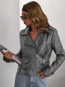 SHEIN Zip Up PU Belted Detailed Leather Moto Jacket, For Autumn/Winter - Grey - View 5