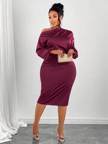 SOLERSUN 女士时尚纯色不对称领口褶饰侧边缎面紧身连衣裙长款女装 - 中紫紅色 - 查看 7