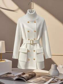 GlowEve Jaket Wanita Polos Kancing Ganda dengan Sabuk dan Kerah Tinggi, Lengan Panjang, Model Reguler - Putih - View 3