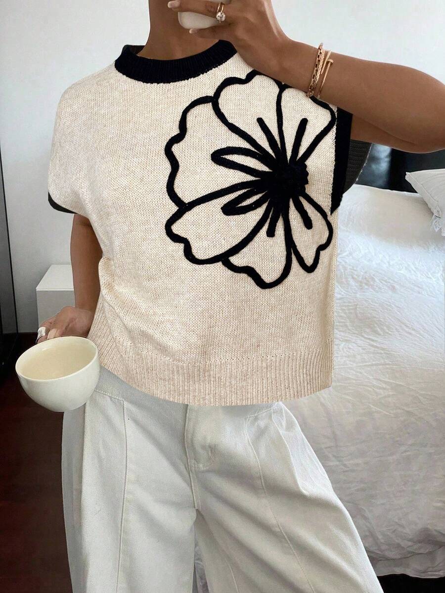 Siren Gaze Suéter casual de punto con bloques de color para mujer, minimalista y de moda, para uso diario. Blusa de punto con estampado floral hecho a mano para mujer. Chaleco de punto casual. Ropa de mujer para todas las estaciones, que se puede usar como prenda exterior o interior, adecuada para el uso diario.