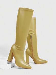 Daringsoles 尖头粗高跟秋冬靴，弹力紧身黑色侧拉链性感女式过膝皮靴 - 芥末黃 - 查看 7