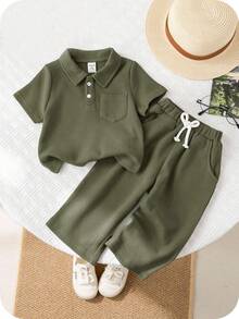 SHEIN 2pcs/Set Baby Boy Polo Collar Short Sleeve Henley Shirt And Casual Long Pants Set