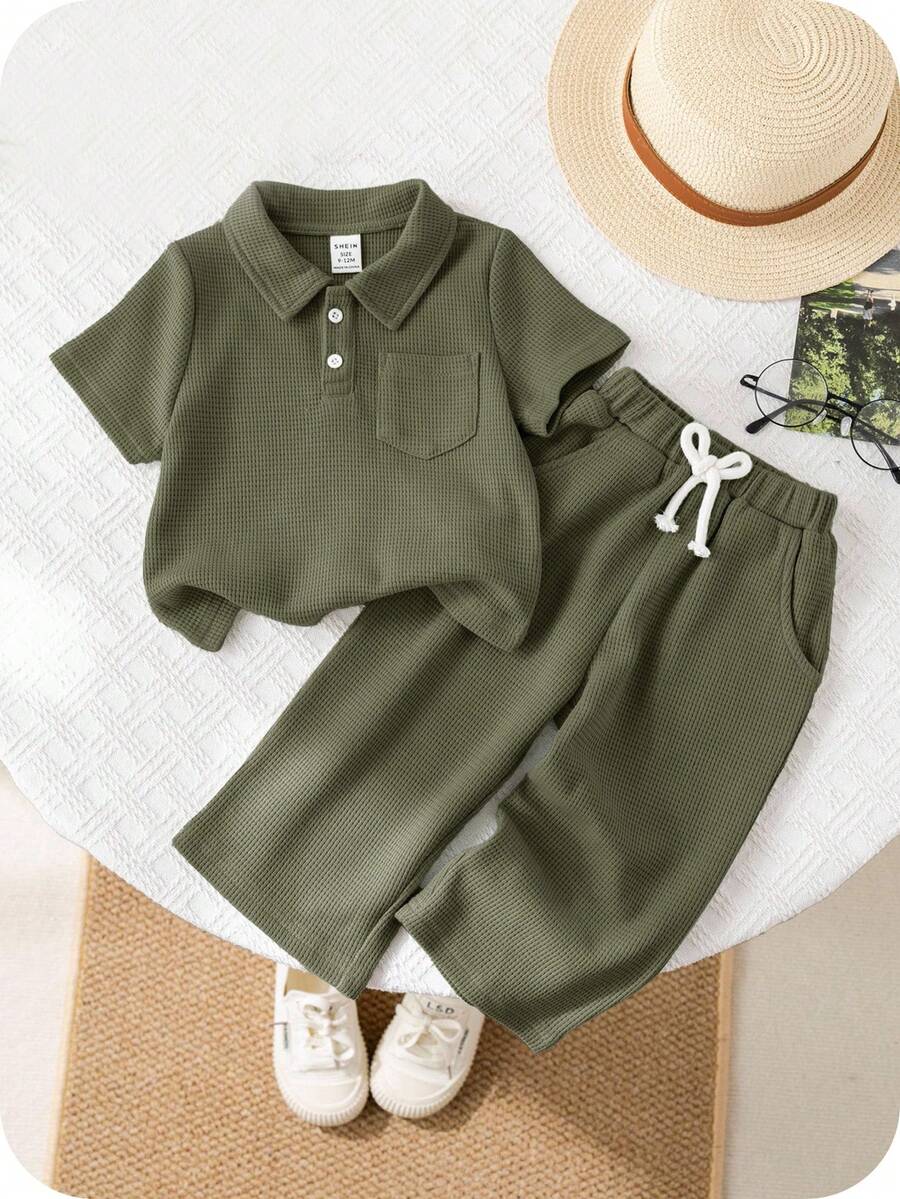 SHEIN 2pcs/Set Baby Boy Polo Collar Short Sleeve Henley Shirt And Casual Long Pants Set