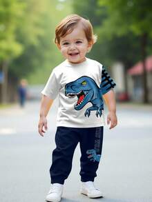 SHEIN 男婴休闲风格可爱恐龙与卡通动物拼色 Y2K 圆领短袖上衣和裤子套装