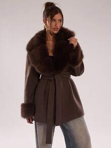 SHEIN BAE Women's Fashionable Faux Fur Patchwork Blended Overcoat, Fall/Winter Style Elegant Blended Overcoat, Perfect For Casual Outings, Dates, And Leisure Occasions Brown Coat Outerwear Women,Winter Clothes For Women - Coffee Brown - View 6