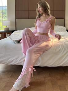 ZzzCrew Seksowny komplet piżamowy dla kobiet z falbaniastymi rękawami i kokardką, różowy - Różowy - Zobacz 4