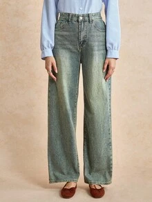 Écloséra 女士寬鬆休閒丹寧寬腿褲，附口袋 - 深色水洗藍 - 查看 4