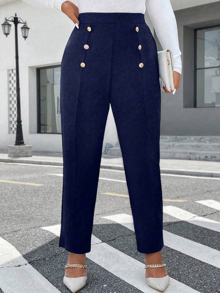 EMERY ROSE Pantalones de punto rectos con textura de metal y doble hilera, talla grande, elegantes para desplazamientos y salidas. - Azul Marino - Añade 6