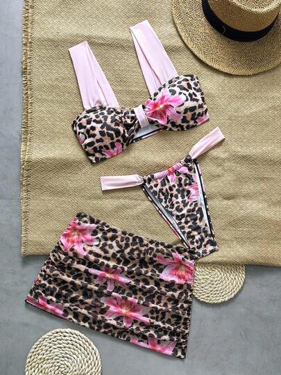 Swim Mod 3pcs Set Leopard Print Floral Sexy Women Bikini Set For Summer Beach Vacation