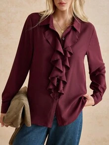 Écloséra Women's Solid Color Long Sleeve Ruffle Trim Fashion Blouse, Fall Shirt - Burgundy - View 6