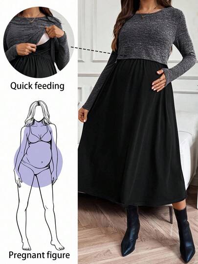 SHEIN Fall Clothes,Autumn Clothes,Maternity Autumn/Winter Clothes Maternity  Maternity Contrast Color Round Neck Long Sleeve Casual Nursing Dress Pregnant Clothes Dress For Pregnant Woman Maternity Dress Maternity Clothes Maternity Clothes Fall Winter Curve Maternity Clothes Maternity Skirt