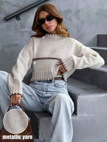 EURMUSE 女士撞色边饰优质拉绒纱舒适保暖毛衣