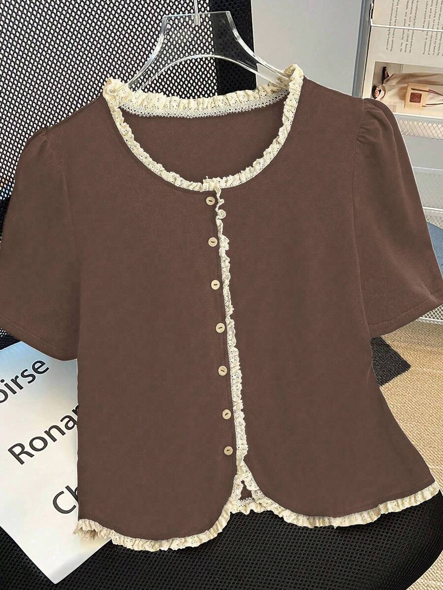 Women's Casual Contrast Trim Puff Sleeve T-Shirt, Summer - Brown - View 1