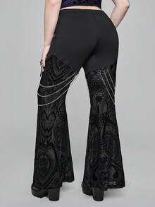 ROMWE EDITION Plus Size Women Gothic Style Flocked & Mesh Patchwork Metal Chain Decor Flare Pants - Black - View 2