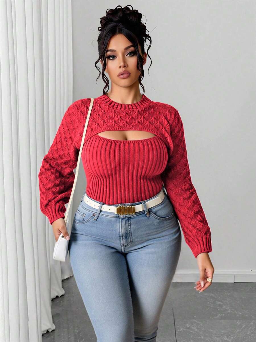 Calvaya Áo len cổ tròn tay dài thiết kế khoét lỗ cỡ lớn dành cho nữ, mùa thu/đông - Đỏ - Xem 1