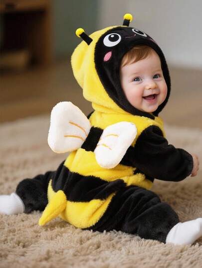 SHEIN Newborn Cute Plush Patchwork Bee Costume With 3D Antennae And Wings, Long Sleeve Jumpsuit