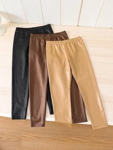 SHEIN 3pcs/Set Young Girl Skinny PU Leather Leggings, Black/Brown/Apricot, Buy 1 Get 2, Sister Matching Autumn/Winter Fall For Fall PU Tight Pants Black Pants Leather Pants 5t Pants Cheap Leggings Pants - Multicolor - View 7