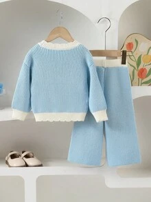 SHEIN Playful Pals 2 件套女婴优雅纯色针织毛衣和阔腿裤套装，适合秋冬季，时尚百搭，适合日常穿着、外出和旅行 - 藍色 - 查看 2