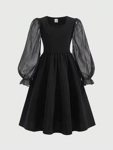 Tween-Mädchen Elegantes schwarzes Kleid mit Laternenärmeln, langen Ärmeln, superweicher Tülltaille und enger Passform, Herbst/Winter