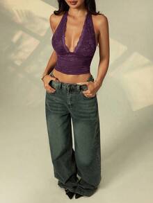 SHEIN PETITE Lace Patchwork Backless Halter Neck Bodycon Tank Top - Purple - View 3