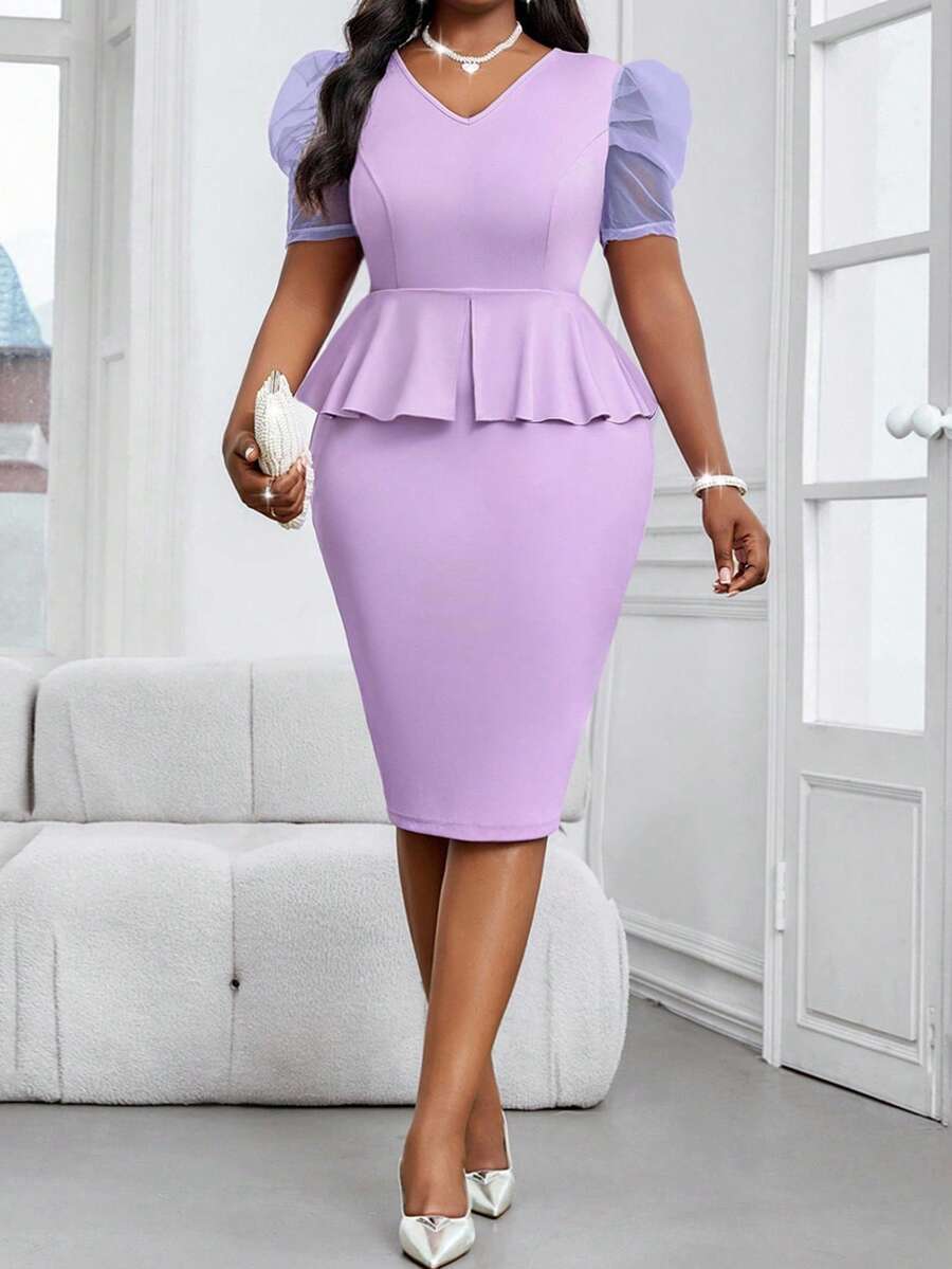 SHEIN Lady 紫色V领蕾丝短袖女上衣女裙针织女两件套服装2025秋季服装大码套装节日服装女装情人节服装女装夏装女装 - 紫色 - 查看 1
