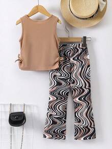 SHEIN 2pcs/Set Young Girls' Casual Sleeveless Top And Flared Pants With All-Over Print For Spring & Summer Summer Holiday