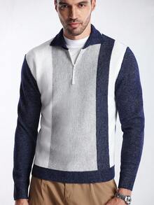 Manfinity CityGents كنزة صوفية كاجوال طويلة الأكمام مزركشة بالخطوط، خريف/شتاء