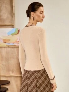 Chiquease Maglione aderente a maniche lunghe con scollo a V stile bohémien, autunno/inverno - Cachi - Visualizzare 2
