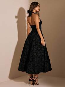 SHEIN BAE 秋冬棕色花卉纹理高领紧身连衣裙，适合约会、夜晚外出、派对、生日、优雅连衣裙、咖啡色连衣裙、生日连衣裙、节日连衣裙 - 黑色 - 查看 2