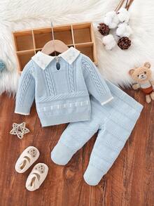 两件套男婴/女婴针织毛衣和裤子套装，圆领长袖套头衫，扭绳设计，时尚百搭，适合日常穿着、休闲装、居家装、户外装、旅行装，蓝色和浅蓝色 - 藍色 - 查看 2