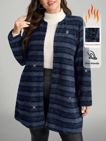 Comfylo 大码针织面料撞色条纹长袖中长款外套 大码开衫 女士长款开衫 条纹开衫 藏蓝色开衫 开襟开衫 秋季女装 女士冬季 冬季女装外套 外出上衣 外出女装 乡村风亮片装 女士冬季装 女士感恩节亮片装