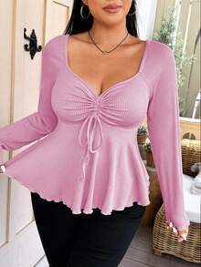 Vionelle Plus Size Women's Casual Sweetheart Neck Front Drawstring Ribbed Long Sleeve Babydoll Tee, Spring/Autumn - Pink - View 6