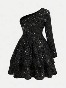Girlism Tween Girls' Black Mesh Sequin Embellished Elegant Casual Long Sleeve Dress - Black - View 3