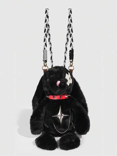ROMWE Grunge Punk 1 pieza Mochila con diseño de conejo de cruz oscura estilo punk, una bolsa bandolera de estudiante para Halloween, una muñeca decorativa con collar de remaches punk, adecuada para viajes diarios y regalos de cumpleaños