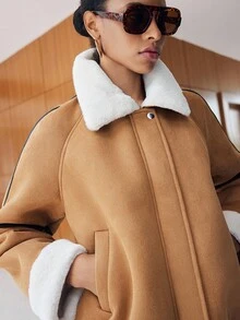 Lumivelle Abrigo de mujer con cuello de piel sintética y dobladillo de color contrastante