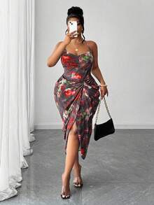 Maweii 大码女式扎染印花褶饰紧身露背连衣裙 - 紅色 - 查看 5